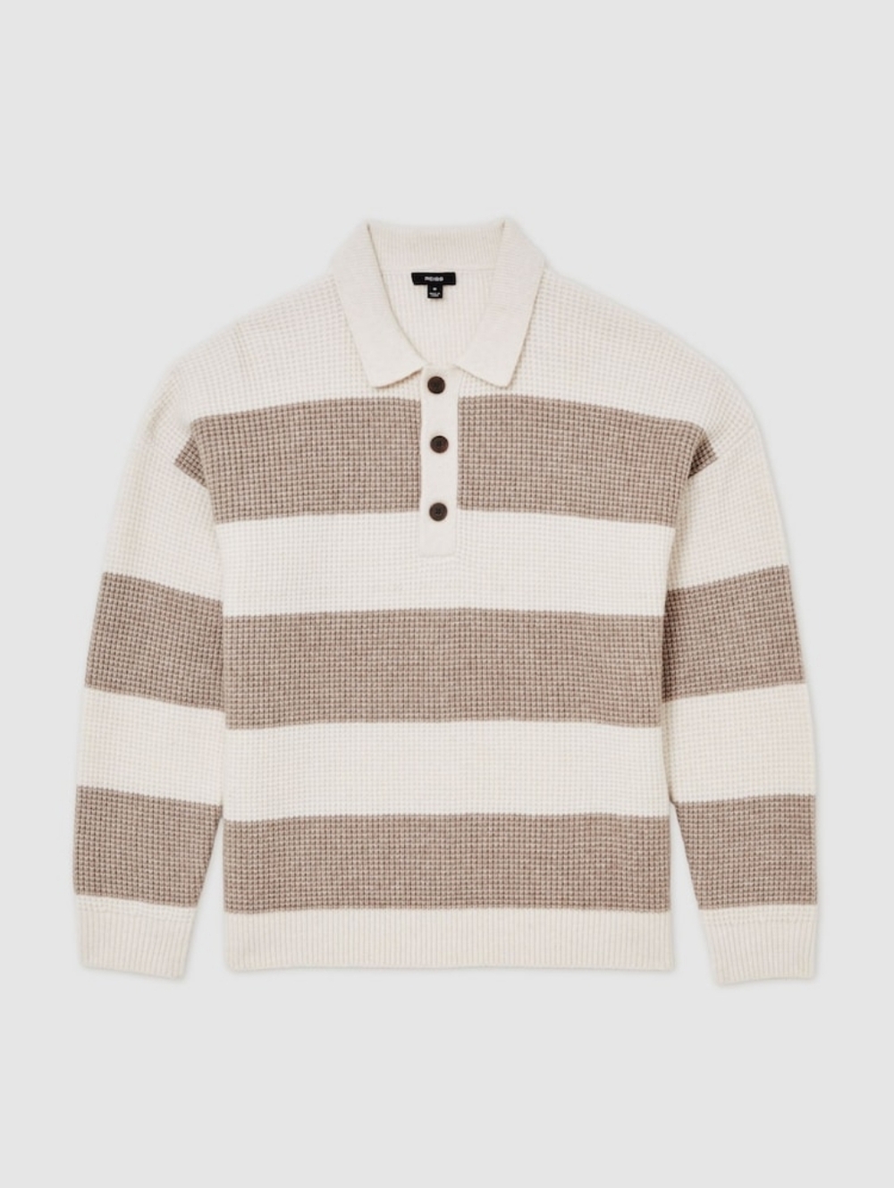 Reiss Men's XXL Waffle-Knit Stripe Half-Button Jumper with Wool Off White/Putty